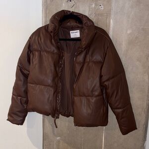 Old Navy Faux Leather Brown Puffer Jacket